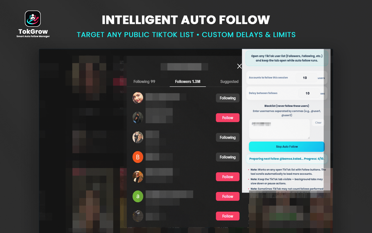 Supercharge your TikTok growth pipeline. TokGrow automates your follow queues with advanced list management, live analytics, and customized safety intervals.