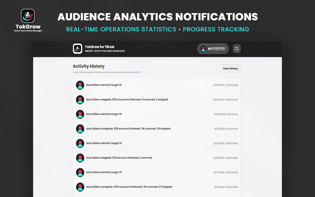 Supercharge your TikTok growth pipeline. TokGrow automates your follow queues with advanced list management, live analytics, and customized safety intervals.