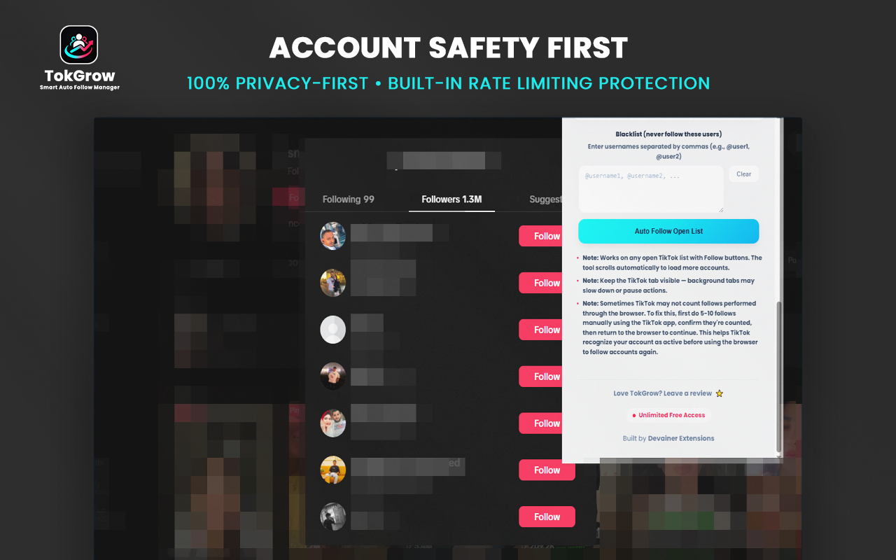 Supercharge your TikTok growth pipeline. TokGrow automates your follow queues with advanced list management, live analytics, and customized safety intervals.