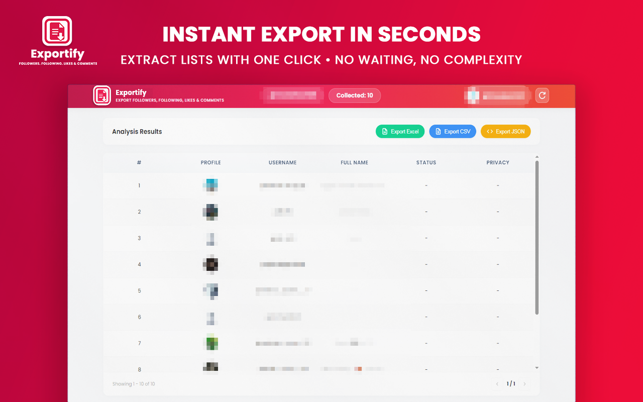 Exportify for Instagram - Export Followers, Following, Likes & Comments