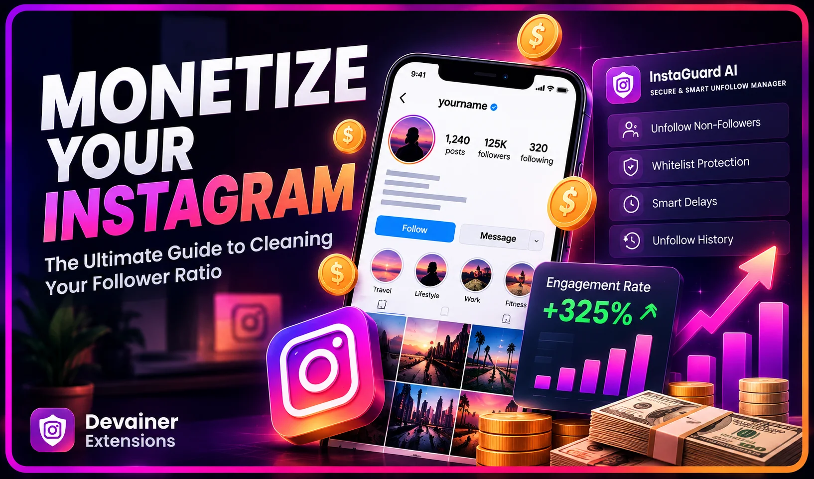 How to monetize Instagram by optimizing your follower ratio, improving engagement, and managing non-followers with InstaGuard AI
