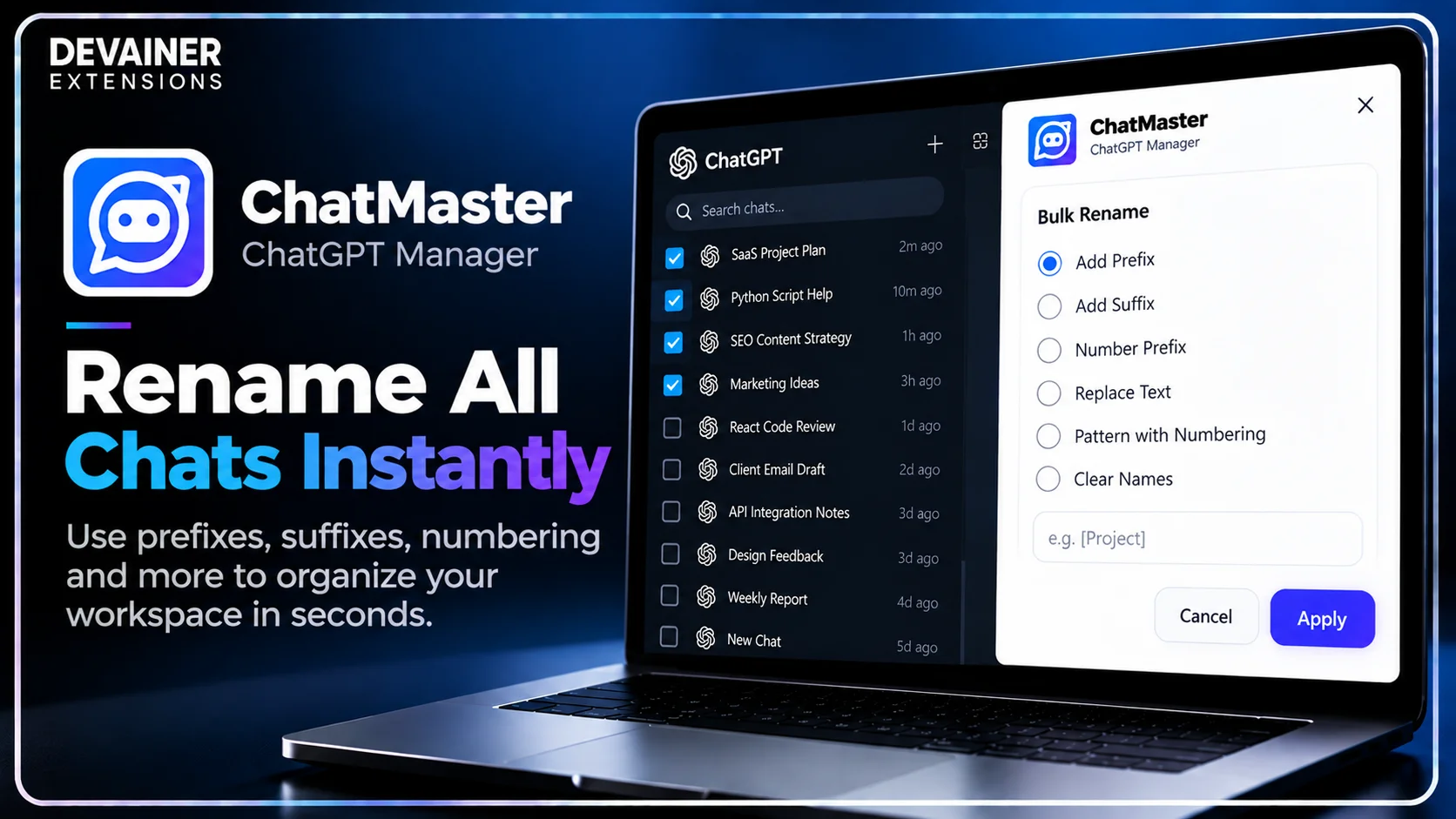 ChatMaster bulk rename feature showing how to rename multiple ChatGPT conversations using custom prefixes, suffixes, numbering, and find-and-replace rules.