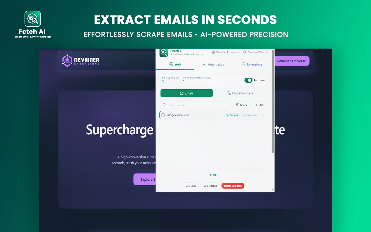 A mockup of the Fetch AI extension popup on the Devainer Extensions homepage, displaying the Web tab active with 1 email and 1 phone number extracted. The interface shows filters, email list entry for info@devainer.com, and action buttons, set against a dark tech-themed background with green glowing accents.
