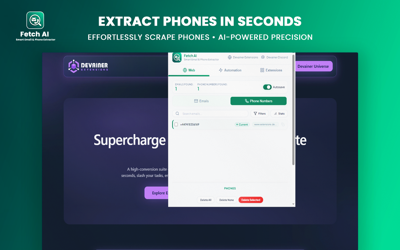 A mockup of the Fetch AI extension popup on the Devainer Extensions homepage, displaying the Web tab active with 1 email and 1 phone number extracted. The interface shows filters, email list entry for info@devainer.com, and action buttons, set against a dark tech-themed background with green glowing accents.