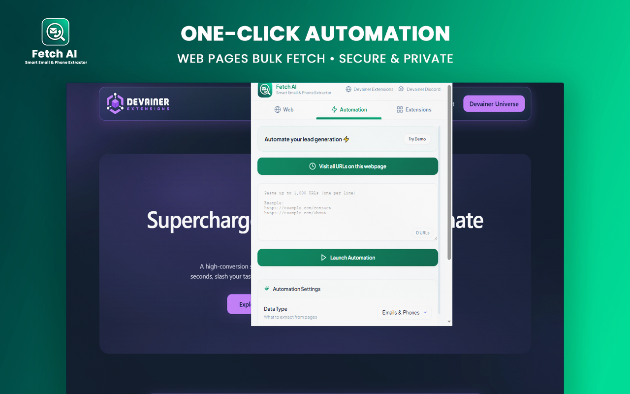 A mockup of the Fetch AI extension popup on the Devainer Extensions homepage, displaying the Web tab active with 1 email and 1 phone number extracted. The interface shows filters, email list entry for info@devainer.com, and action buttons, set against a dark tech-themed background with green glowing accents.