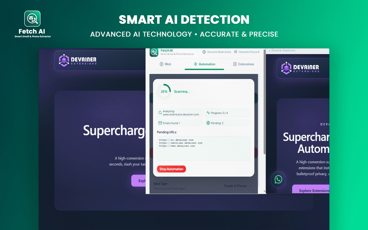 A mockup of the Fetch AI extension popup on the Devainer Extensions homepage, displaying the Web tab active with 1 email and 1 phone number extracted. The interface shows filters, email list entry for info@devainer.com, and action buttons, set against a dark tech-themed background with green glowing accents.