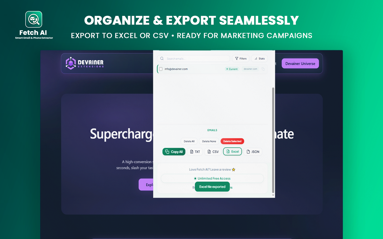 A mockup of the Fetch AI extension popup on the Devainer Extensions homepage, displaying the Web tab active with 1 email and 1 phone number extracted. The interface shows filters, email list entry for info@devainer.com, and action buttons, set against a dark tech-themed background with green glowing accents.