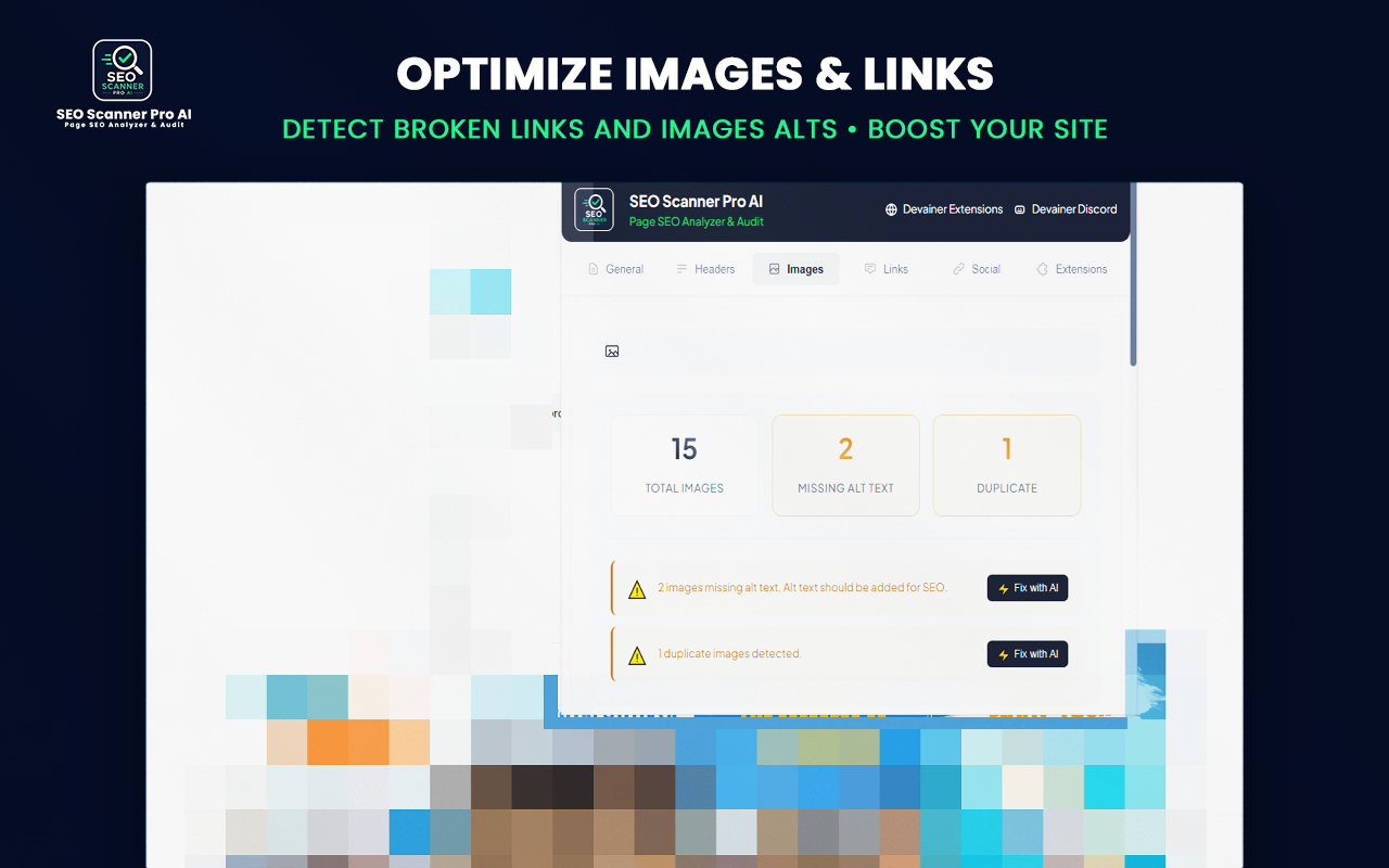 A mockup of the SEO Scanner Pro AI extension popup displaying the Headers tab with a Header Structure Analysis layout. It shows one H1 tag with 13 characters, zero H2-H6 tags, and a success message stating Great! H1 heading is used correctly, set against a blurred website preview background with a dark blue top banner.