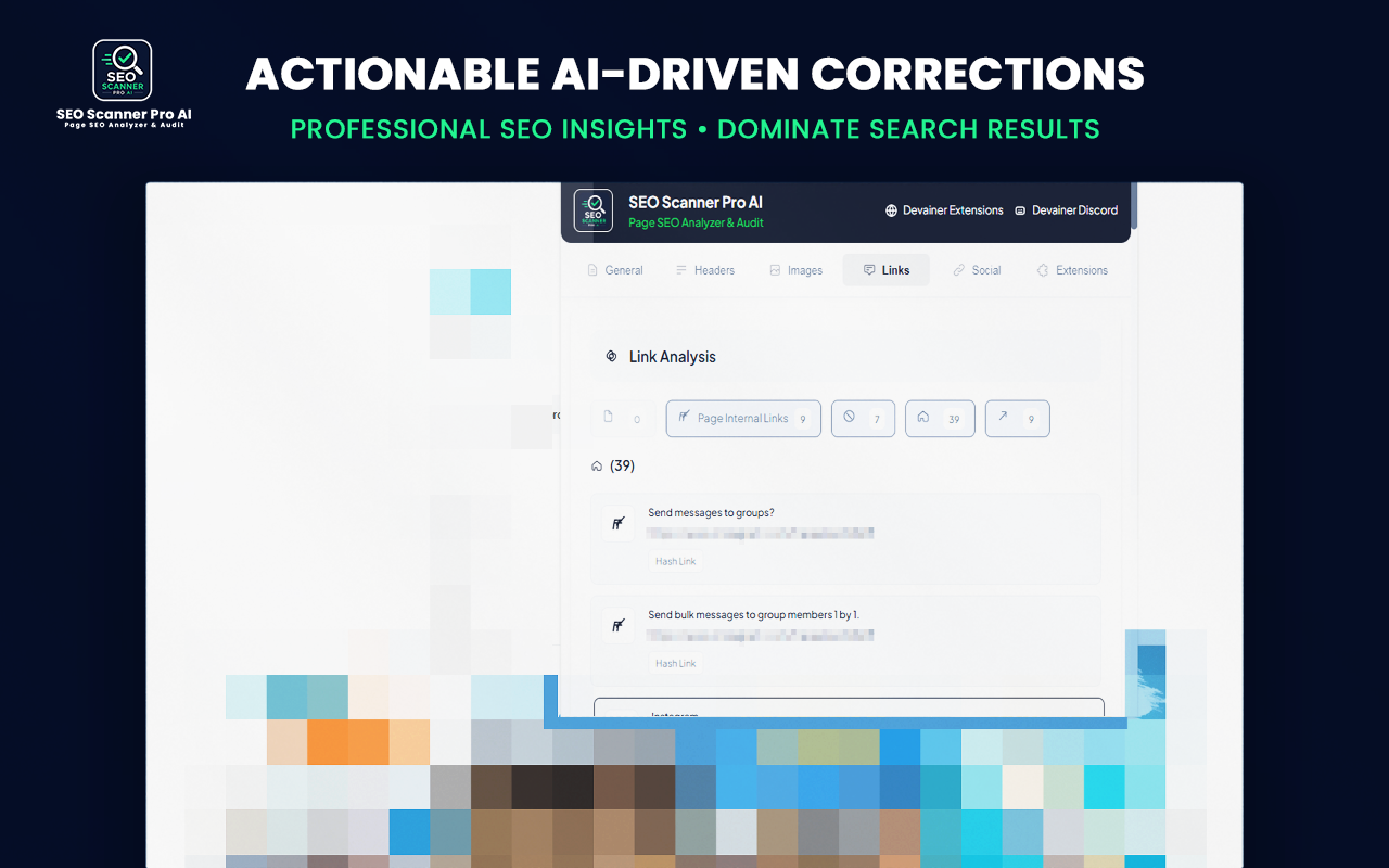 A mockup of the SEO Scanner Pro AI extension popup displaying the Headers tab with a Header Structure Analysis layout. It shows one H1 tag with 13 characters, zero H2-H6 tags, and a success message stating Great! H1 heading is used correctly, set against a blurred website preview background with a dark blue top banner.