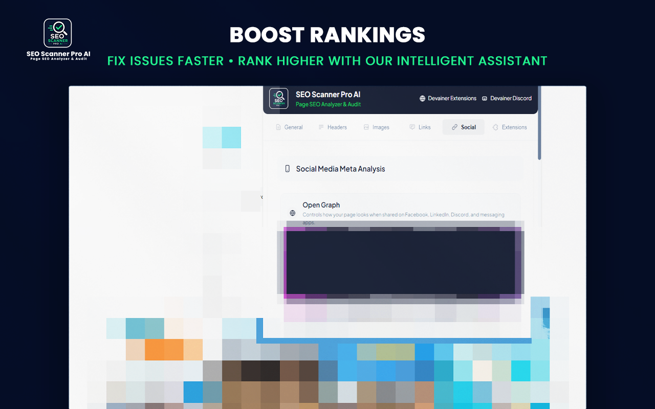 A mockup of the SEO Scanner Pro AI extension popup displaying the Headers tab with a Header Structure Analysis layout. It shows one H1 tag with 13 characters, zero H2-H6 tags, and a success message stating Great! H1 heading is used correctly, set against a blurred website preview background with a dark blue top banner.