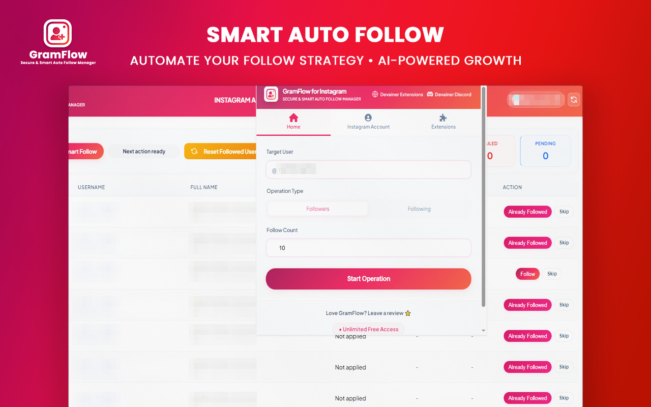 A mockup of the GramFlow for Instagram browser extension popup showing the Home tab active. The interface includes fields for Target User, Operation Type set to Followers, a Follow Count input set to 10, and a prominent pink Start Operation button, displayed over a red gradient marketing background banner.