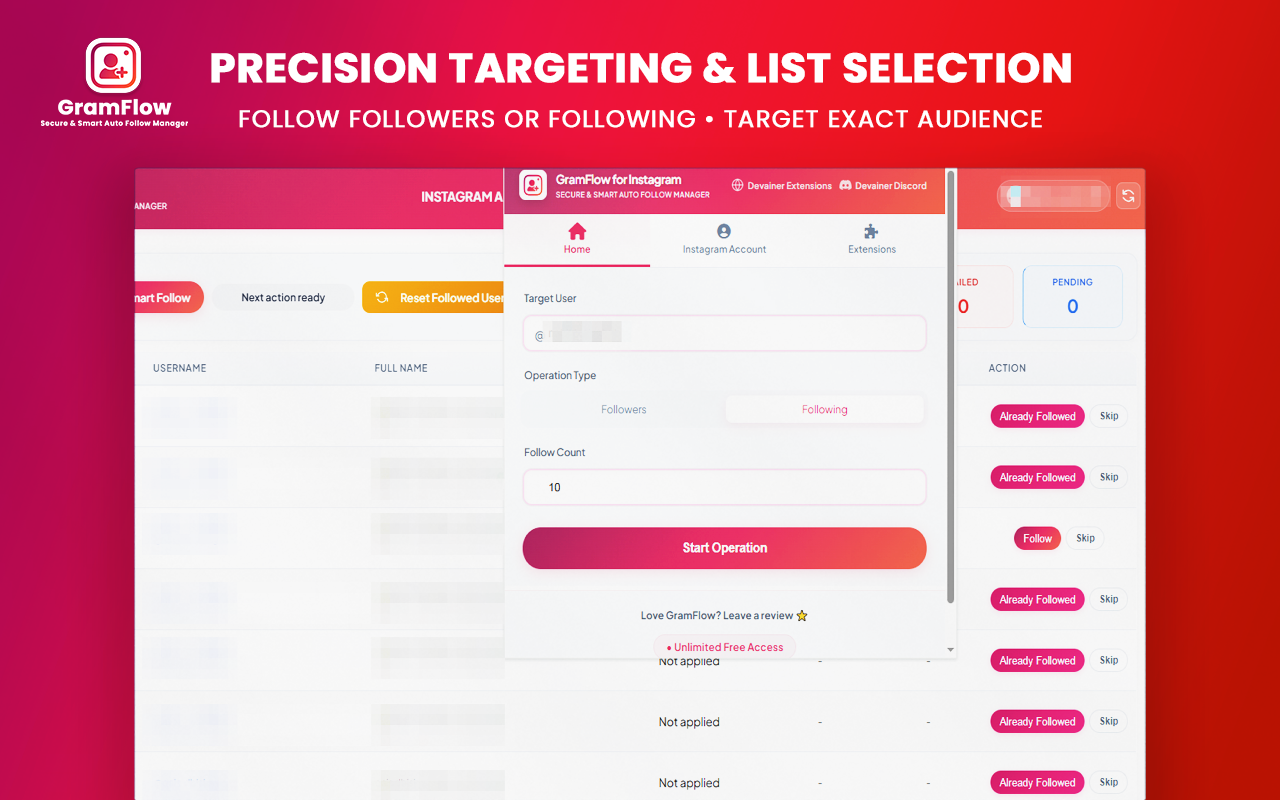 A mockup of the GramFlow for Instagram browser extension popup showing the Home tab active. The interface includes fields for Target User, Operation Type set to Followers, a Follow Count input set to 10, and a prominent pink Start Operation button, displayed over a red gradient marketing background banner.