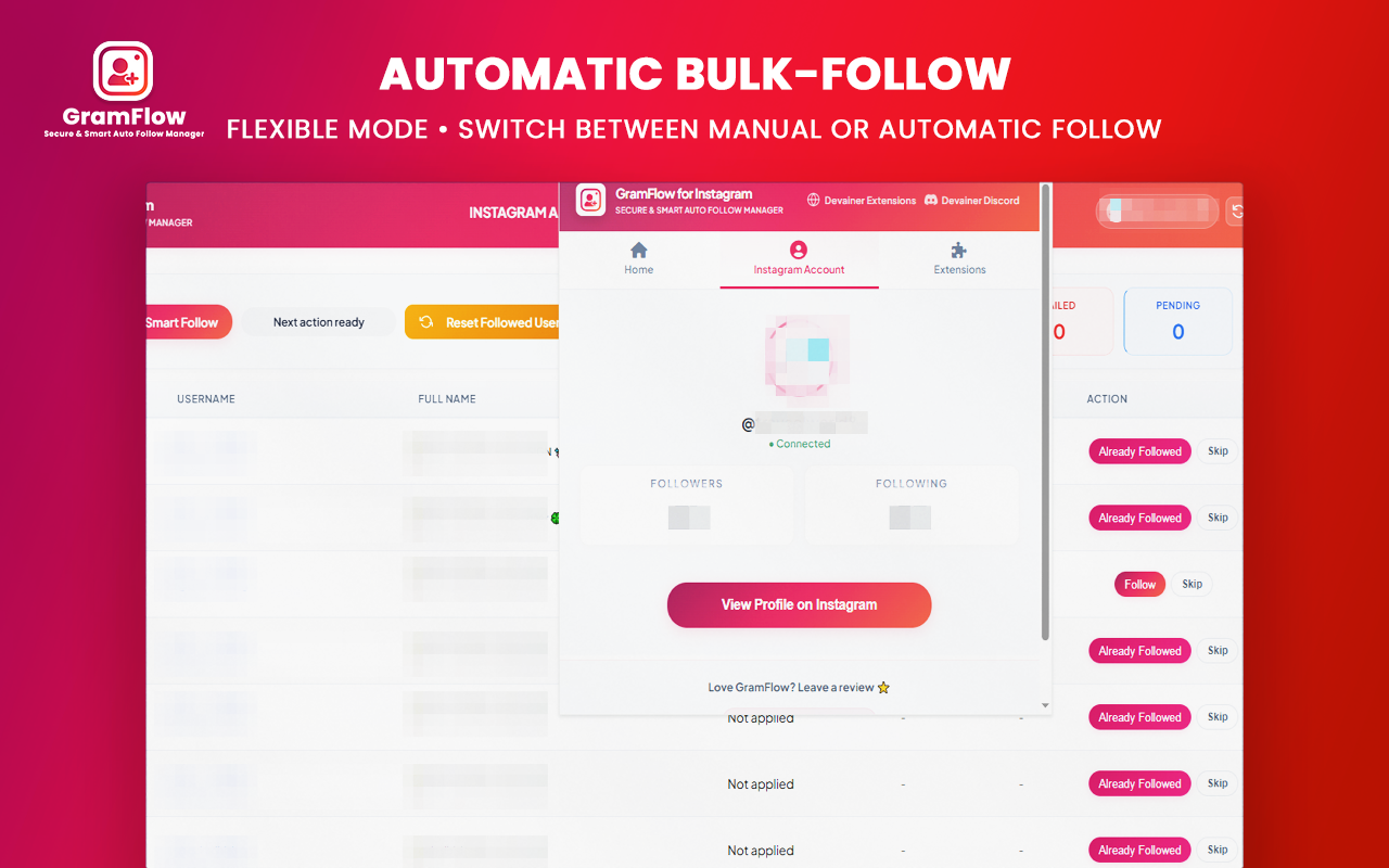A mockup of the GramFlow for Instagram browser extension popup showing the Home tab active. The interface includes fields for Target User, Operation Type set to Followers, a Follow Count input set to 10, and a prominent pink Start Operation button, displayed over a red gradient marketing background banner.