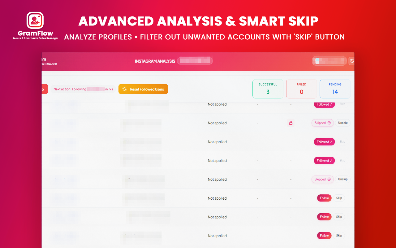 A mockup of the GramFlow for Instagram browser extension popup showing the Home tab active. The interface includes fields for Target User, Operation Type set to Followers, a Follow Count input set to 10, and a prominent pink Start Operation button, displayed over a red gradient marketing background banner.