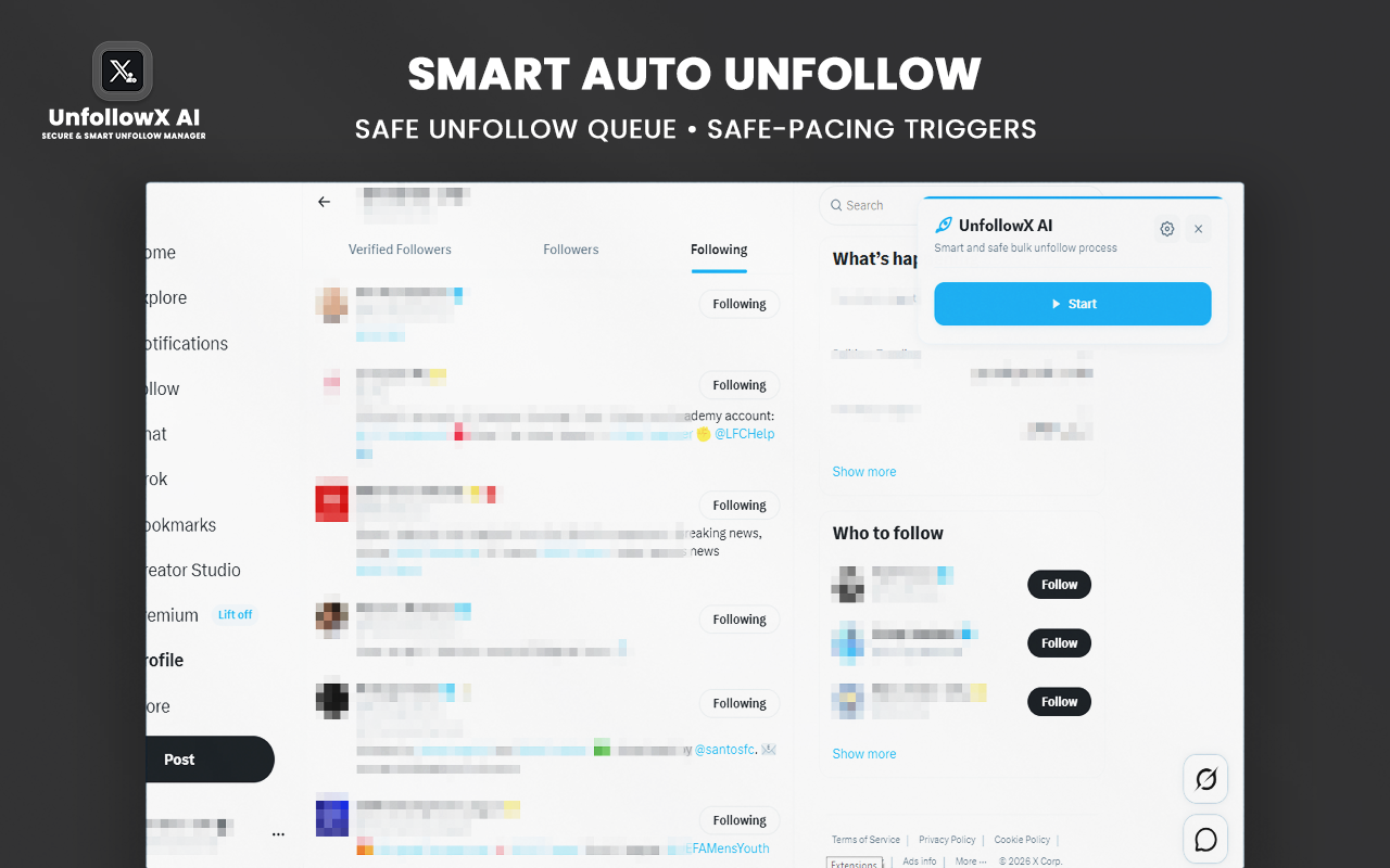 UnfollowX AI dashboard interface showing safe bulk unfollow on X with real time pacing analytics.