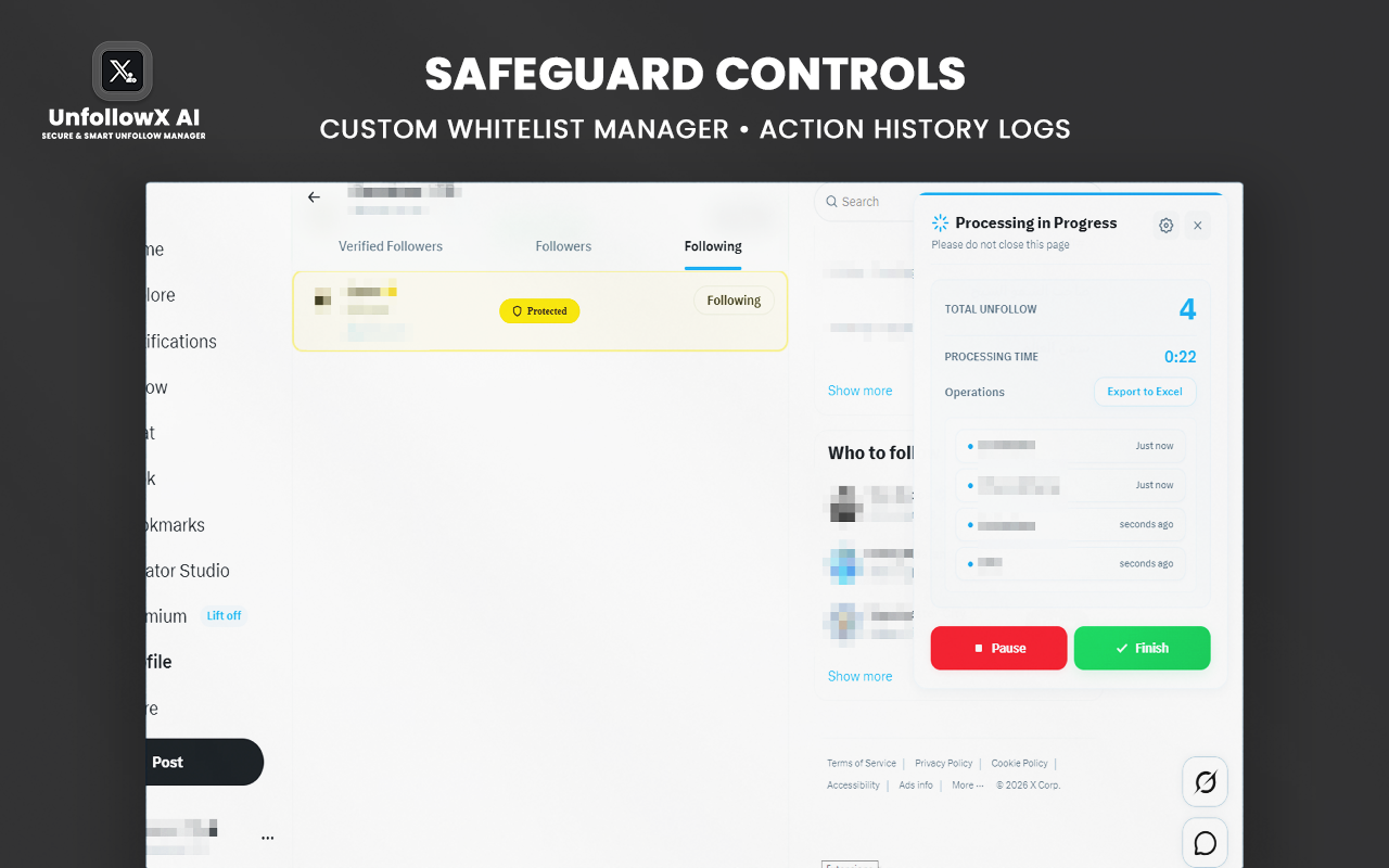 UnfollowX AI dashboard interface showing safe bulk unfollow on X with real time pacing analytics.