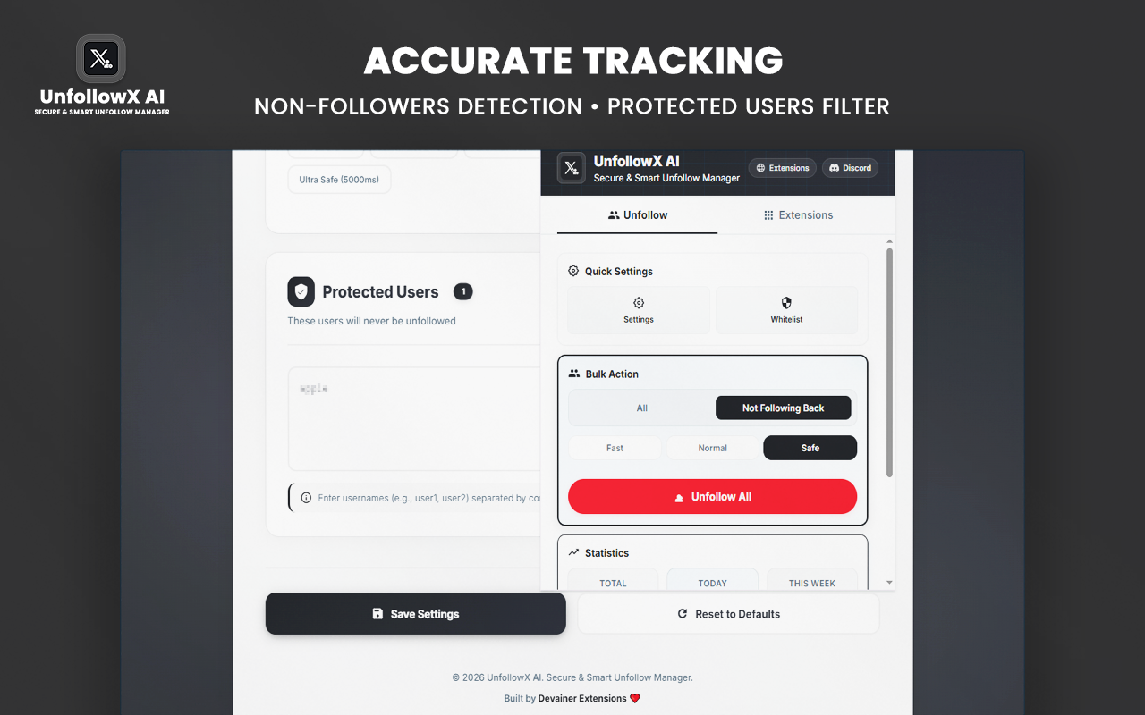 UnfollowX AI dashboard interface showing safe bulk unfollow on X with real time pacing analytics.
